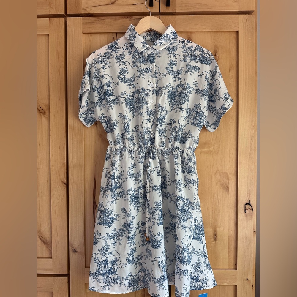 Cupshe Blue  and White Toile Floral Dress